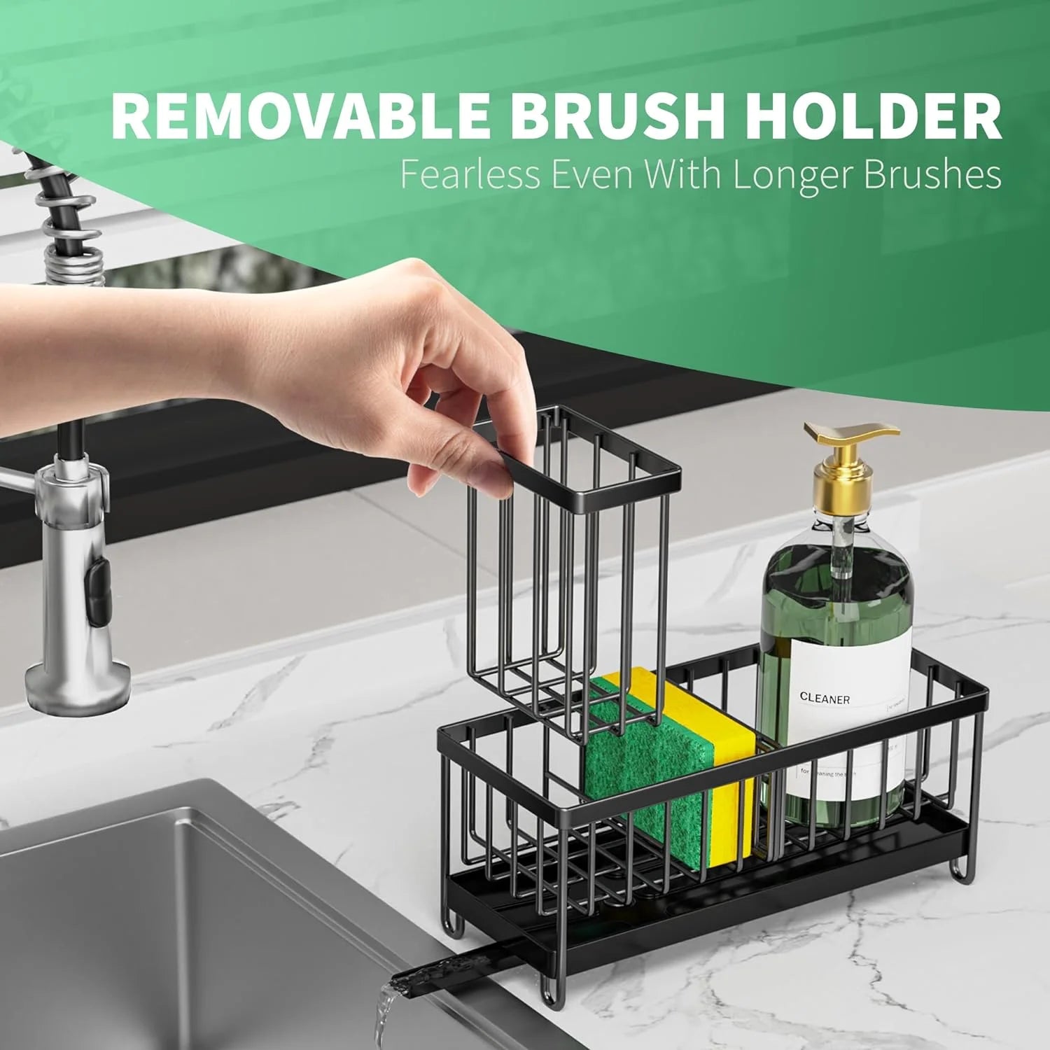 Black Sponge Holder for Kitchen Sink, Sink Caddy Organizer with High Brush Holder, Kitchen Countertop Organizers and Storage Essentials, Rustproof 304 Stainless Steel, Soap Dispenser Organize