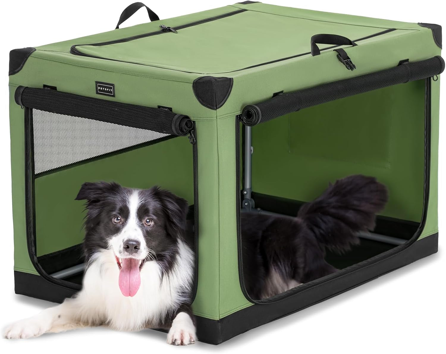 36" Soft Portable Dog Crate – Patented Spiral Sturdy Frame, Collapsible Travel Kennel for Medium & Large Dogs, 3 Mesh Door, Lockable Zippers, Indoor & Car Use Green
