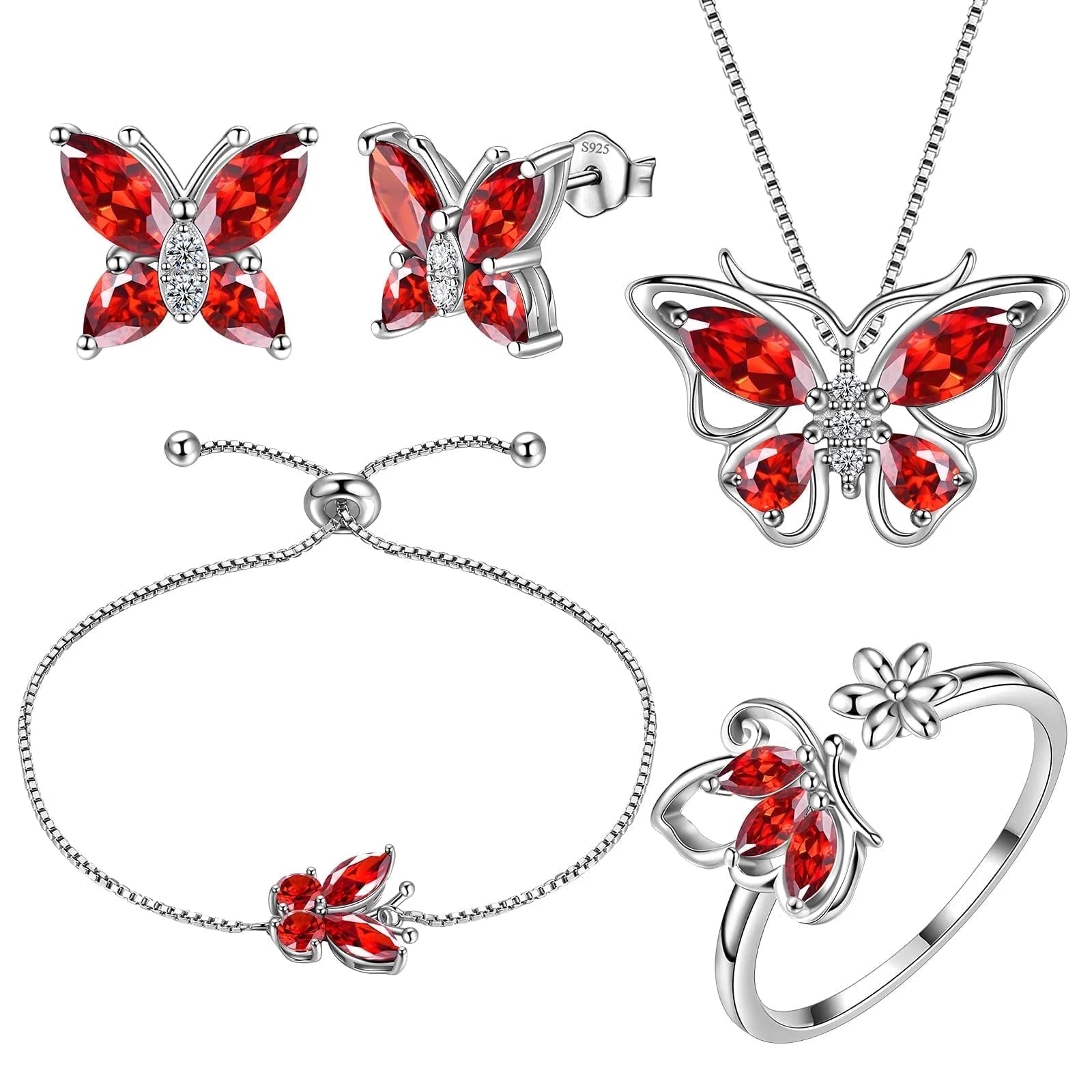 Juego De Joyería Con Piedra De Nacimiento De Enero Rojo Butterfly Collar/Aretes/Anillo/Pulsera Fina De Granate Plata Esterlina Regalos Para Mujeres Navidad Cumpleaños Día De La Madre