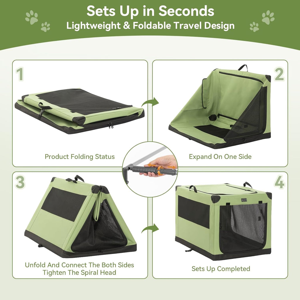 36" Soft Portable Dog Crate – Patented Spiral Sturdy Frame, Collapsible Travel Kennel for Medium & Large Dogs, 3 Mesh Door, Lockable Zippers, Indoor & Car Use Green