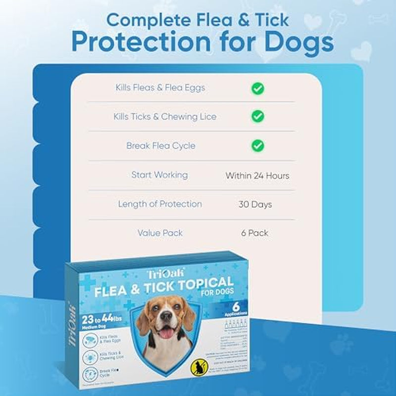Flea and Tick Prevention for Dogs: Flea & Tick Topical for Medium Dogs 23-44 Lbs, 6 Dose Flea and Tick Prevention for 6 Months (6 Pack)