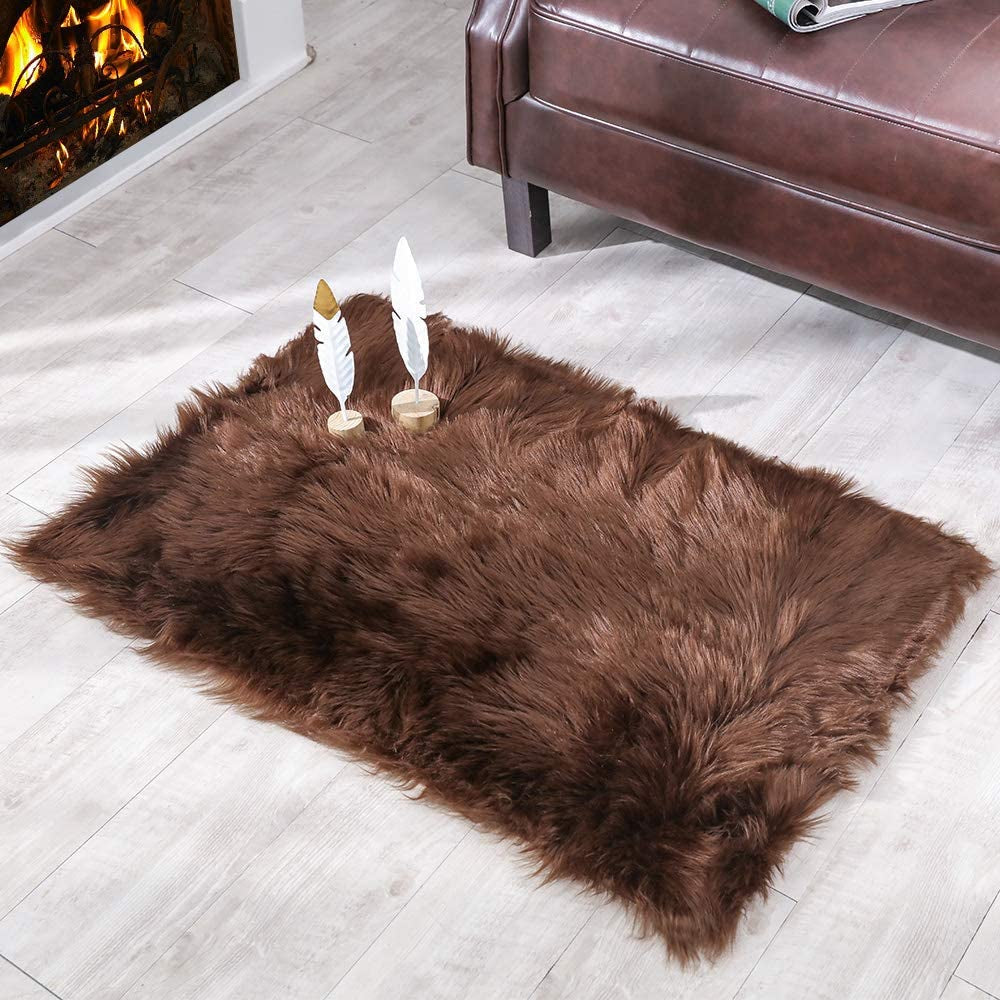 2X3 Brown Faux Sheepskin Area Rug – Fluffy Shaggy Soft Fur Floor Mat, Plush Bedside Carpet and Sofa Cover for Bedroom, Living Room, Nursery