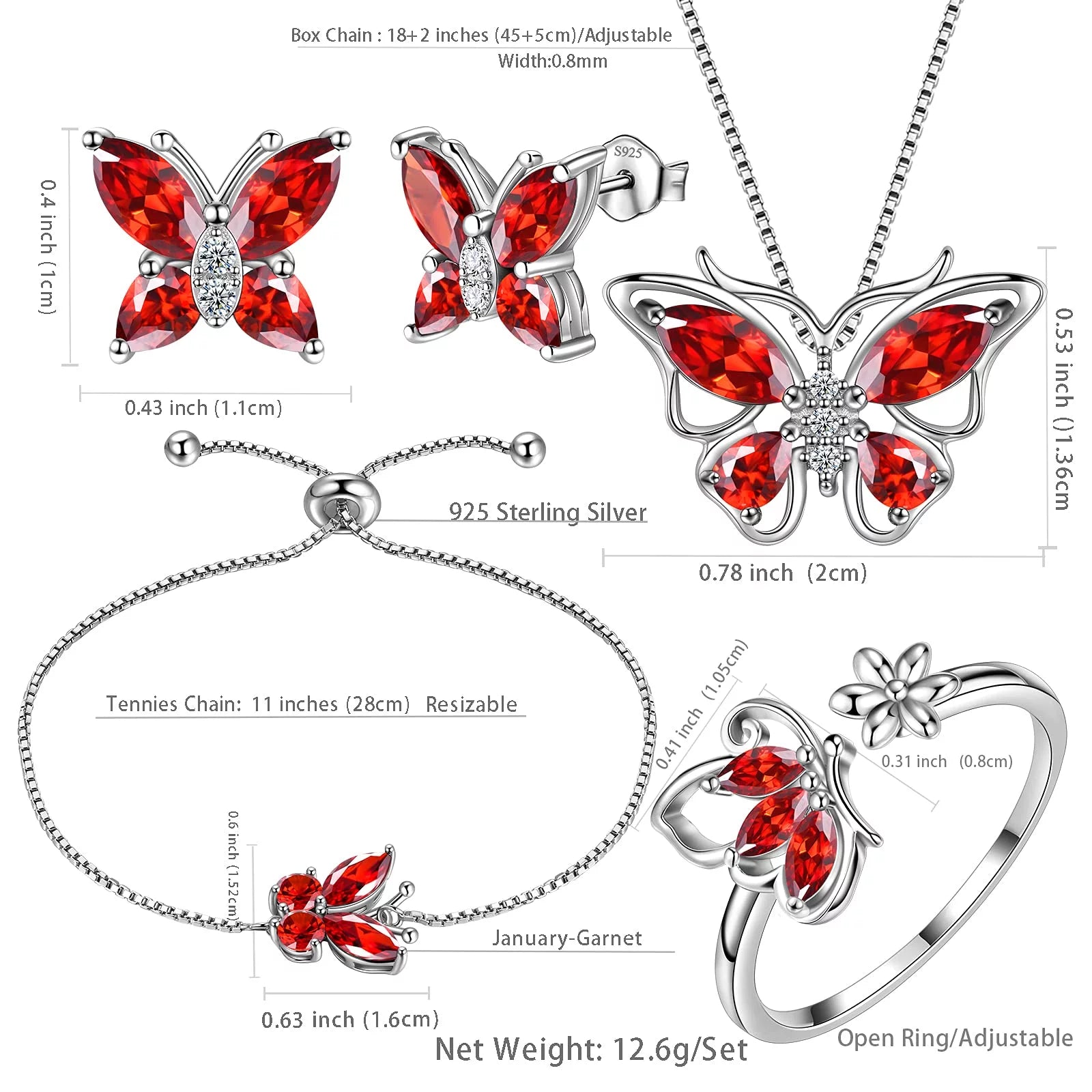Juego De Joyería Con Piedra De Nacimiento De Enero Rojo Butterfly Collar/Aretes/Anillo/Pulsera Fina De Granate Plata Esterlina Regalos Para Mujeres Navidad Cumpleaños Día De La Madre