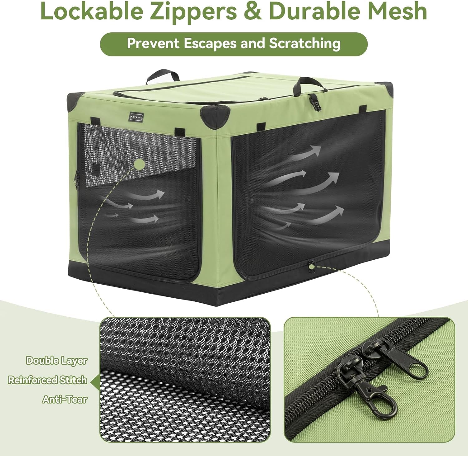 36" Soft Portable Dog Crate – Patented Spiral Sturdy Frame, Collapsible Travel Kennel for Medium & Large Dogs, 3 Mesh Door, Lockable Zippers, Indoor & Car Use Green