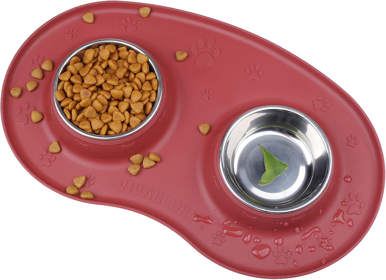 Dog Bowls Set, Double Stainless Steel Feeder Bowls and Wider Non Skid Spill Proof Silicone Mat Pet Puppy Cats Dogs Bowl, Burgundy