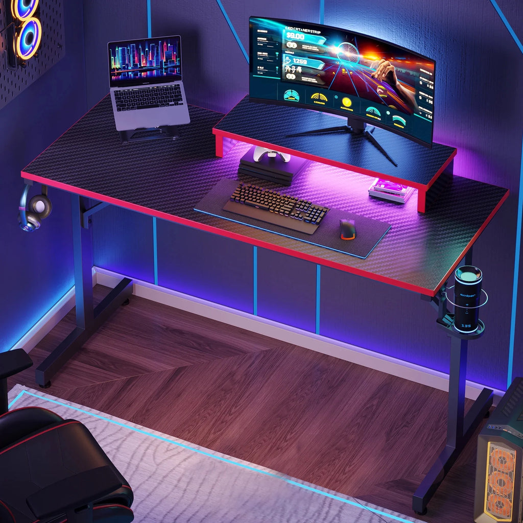 42" Gaming Desk PC Computer Office Gamer Table Desk with LED Lights & Monitor Stand in Red