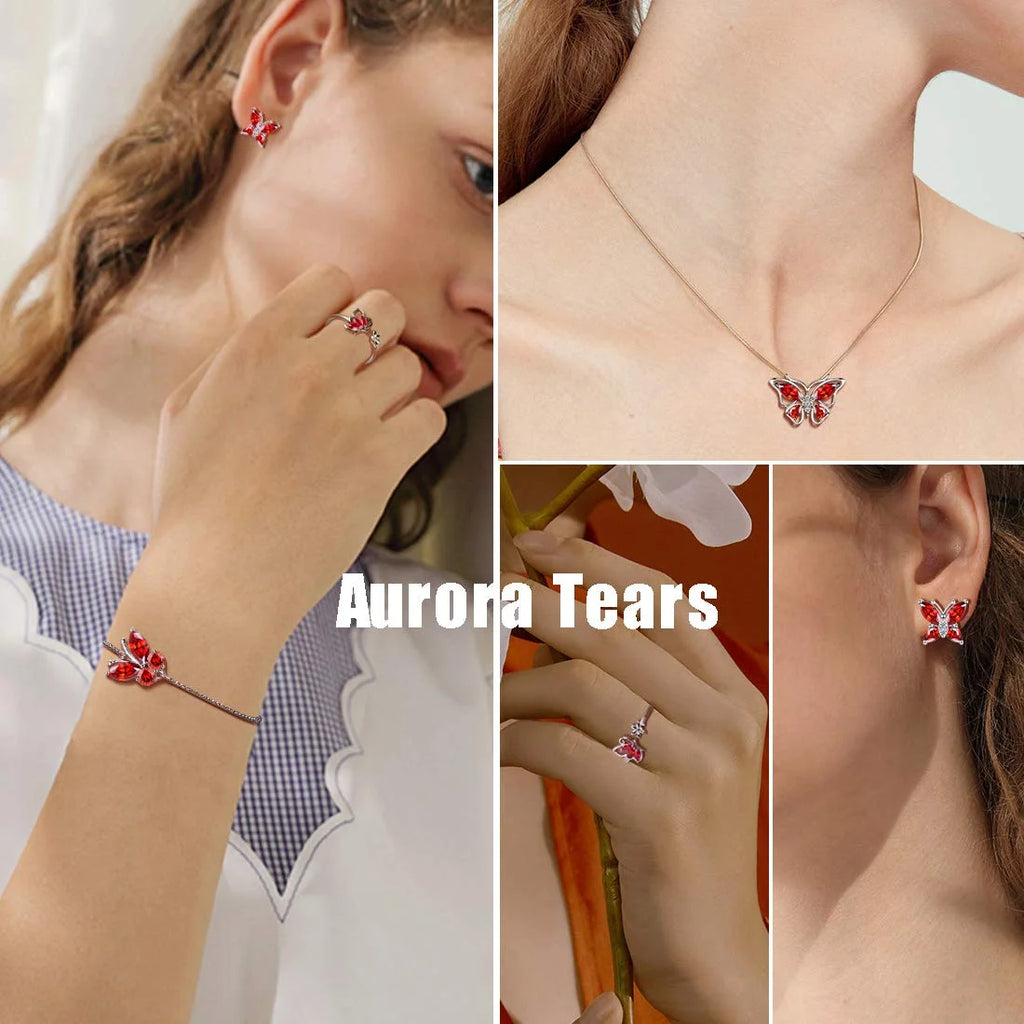 Juego De Joyería Con Piedra De Nacimiento De Enero Rojo Butterfly Collar/Aretes/Anillo/Pulsera Fina De Granate Plata Esterlina Regalos Para Mujeres Navidad Cumpleaños Día De La Madre