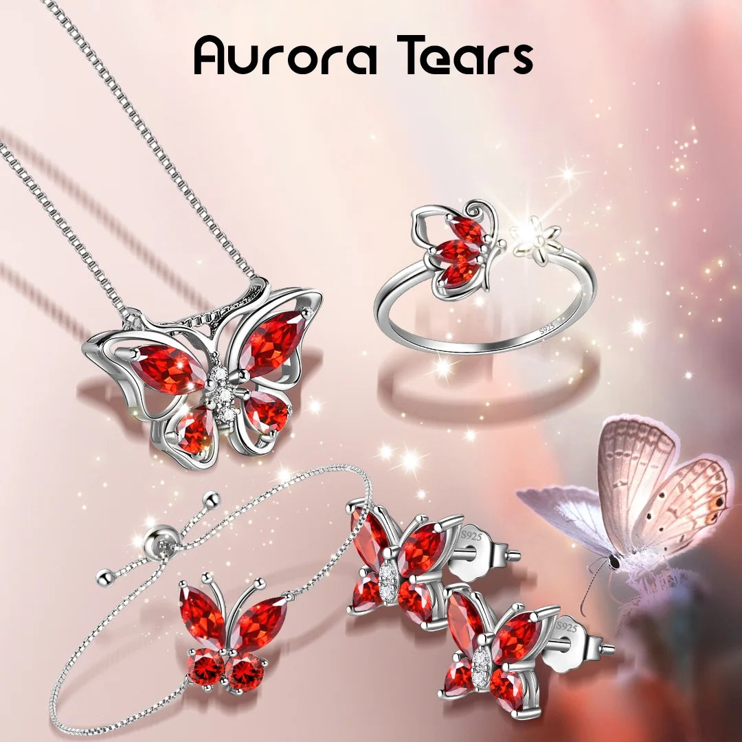Juego De Joyería Con Piedra De Nacimiento De Enero Rojo Butterfly Collar/Aretes/Anillo/Pulsera Fina De Granate Plata Esterlina Regalos Para Mujeres Navidad Cumpleaños Día De La Madre