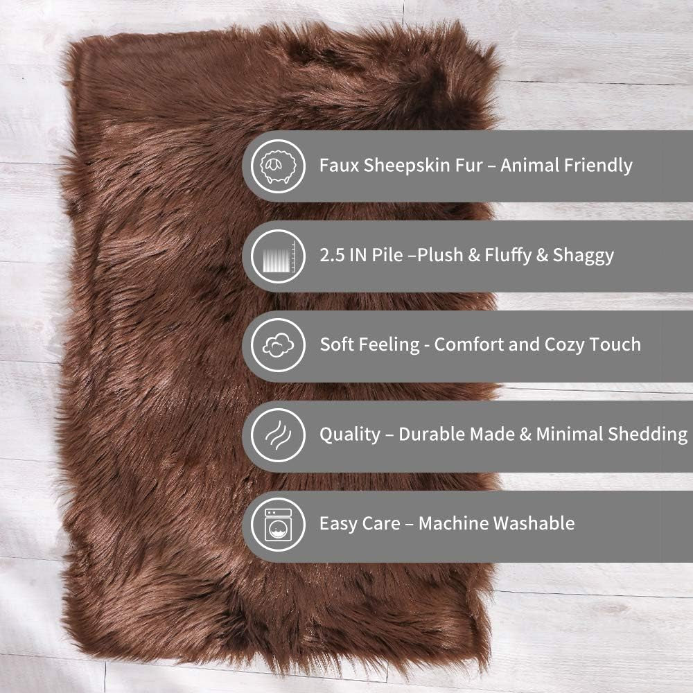 2X3 Brown Faux Sheepskin Area Rug – Fluffy Shaggy Soft Fur Floor Mat, Plush Bedside Carpet and Sofa Cover for Bedroom, Living Room, Nursery